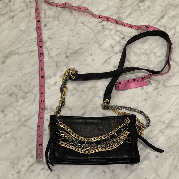 ASH Black Leather Convertible Cross Body Purse Gold Silver Chain - Picture 13 of 14